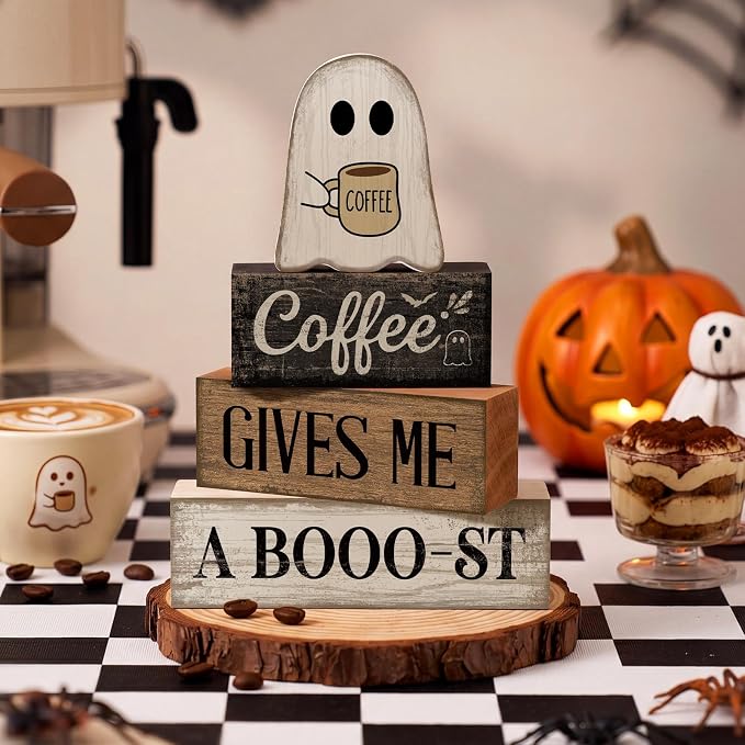 Lineshading 4 Pcs Halloween Tiered Tray Decor, Wooden Ghost Coffee Blocks | Rustic Farmhouse Table Decorations, Stackable Wood Blocks with Boo-st Coffee Theme, Gift for Home Kitchen Seasonal Display