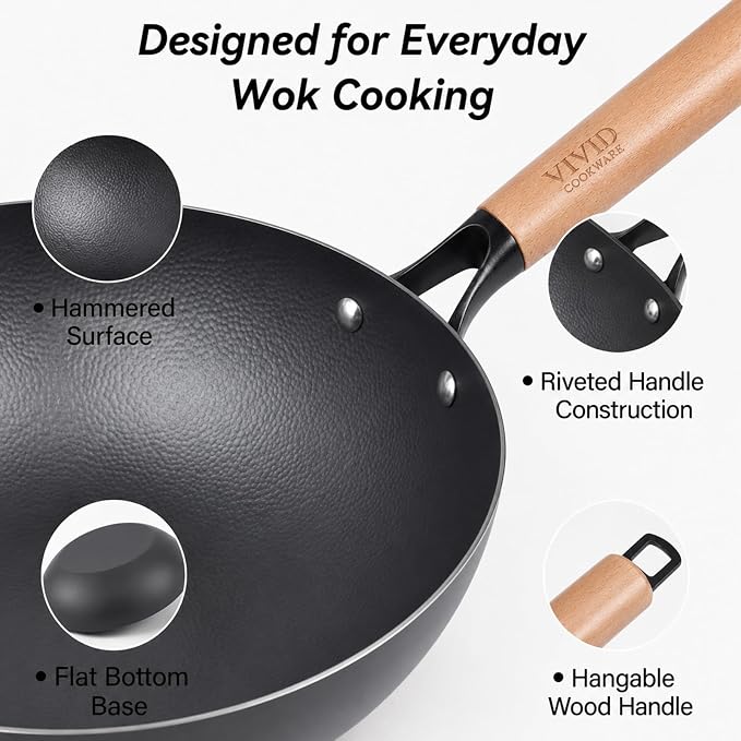 12.6 Inch Carbon Steel Wok Pan with Lid, 4.8 Qt Flat Bottom Stir Fry Pan with Self-Standing Glass Lid, Coating-Free Wood Handle Wok for Induction, Gas, Electric & Ceramic Stovetops