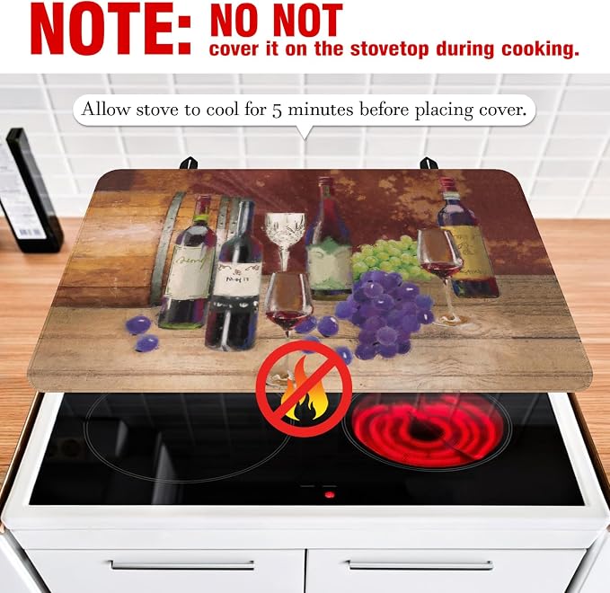Wine Stove Top Cover for Electric Stoves,Brown Burgundy Grape Farmhouse Stove Top Cover for Kitchen Decor,Heat Resistant Cooktop Protector Mat,Non-Slip Washable Dish Drying Mat 28"x20"
