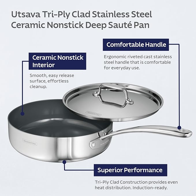 Tramontina Utsava Tri-Ply Clad Stainless Steel 2.9-Quart Saute Pan with Lid | Ceramic Non Stick Interior, Induction-Ready Cooking Pan
