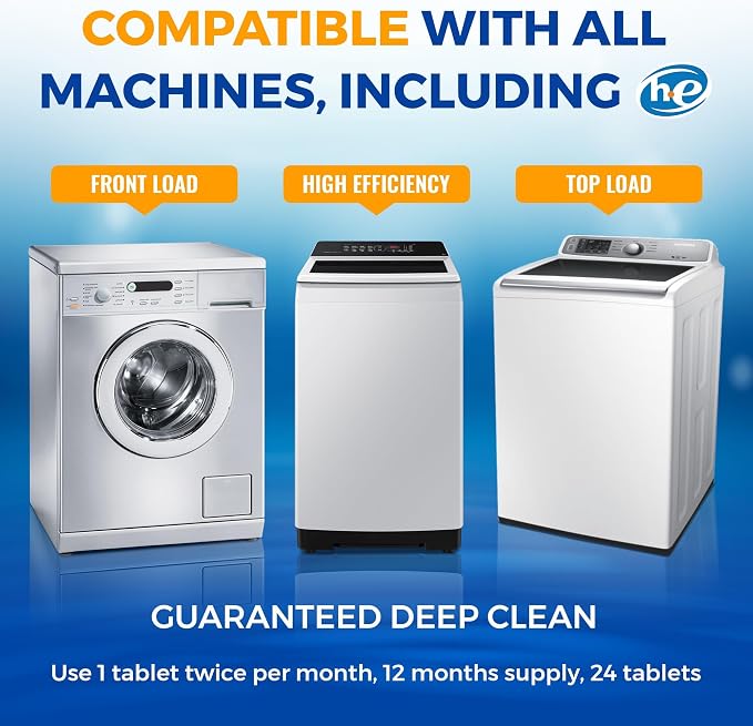 Washing Machine Cleaner Tablets 24 pack Powerful Descaler -Deep Cleaning for HE Front Loader & Top Load Washer Septic Safe Eco-Friendly Deodorizer Clean Drum & Laundry Tub Seal- Year's Supply