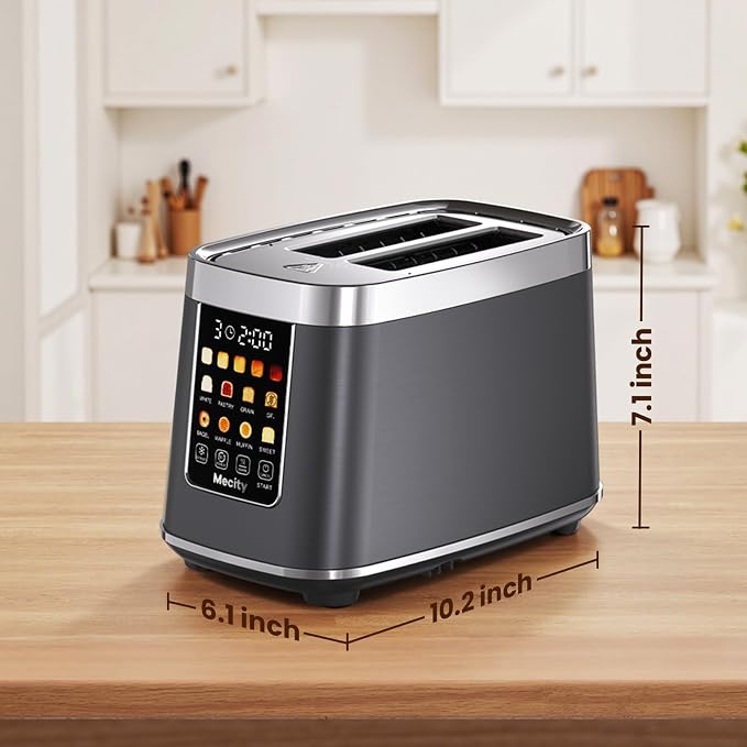 Mecity 2 Slice Toaster with Touch Screen & Auto Lift, Stainless Steel Cool-Touch Toaster with 8 Bread Settings, 5 Shade Levels, 1200W High Power, Keep Warm & Reheat Function, Metallic Grey, 120V