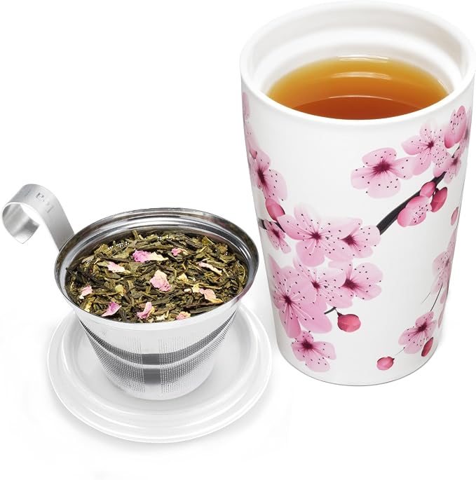 Tea Forte Double-Walled Ceramic Kati Cup, Hanami, 12 oz | Insulated Ceramic - Stainless Steel Loose Leaf Infuser - Keeps Tea Hot Longer - Lid Included - Microwave & Dishwasher Safe