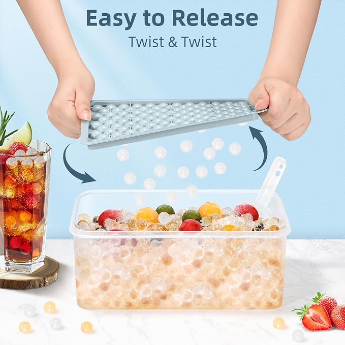 Mini Ice Cube Trays for Freezer with Lid, 0.55" Pebble Ice | 4 Trays-Blue, with Ice Box & Scoop. for Coffee, Bottle, Juice & Drinks, Easy Twist Release, Stackable