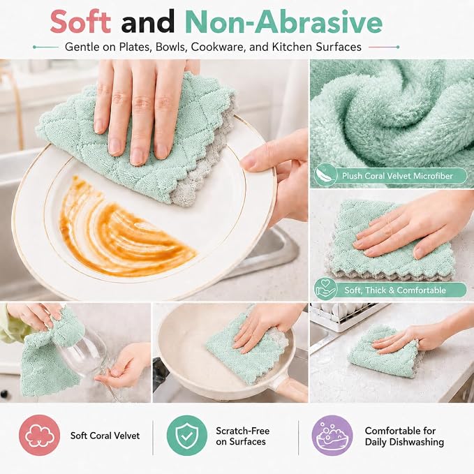 kimteny 12 Pack Dish Cloths for Washing Dishes | Super Absorbent Microfiber Kitchen Dish Rags, Fast Drying Coral Velvet Dish Cloths for Kitchen Counter and Dishes, Green-Grey