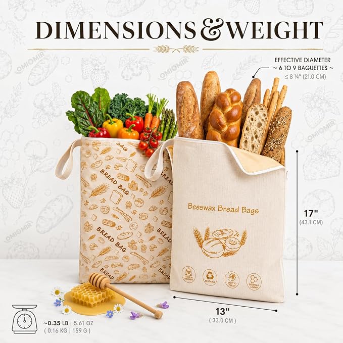 2 Pack XL Beeswax Bread Bags, Wide Zipper Reusable Sourdough Loaf Storage | Natural beeswax & cotton-flax blend. Zipper-seal keeps artisan bakes & produce fresher for longer. Fridge & freezer ready