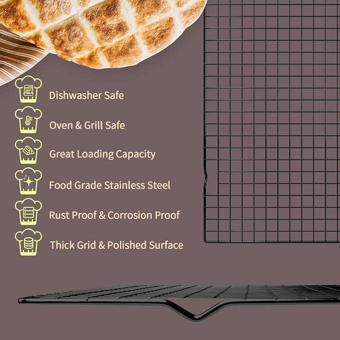 2PCS Cooling Rack for Cooking and Baking, 16" x 10" Wire Rack, Black | Thick Wire Rack, Oven & Dishwasher Safe, for Roasting, Grilling, Drying, Fits Half Sheet Pan