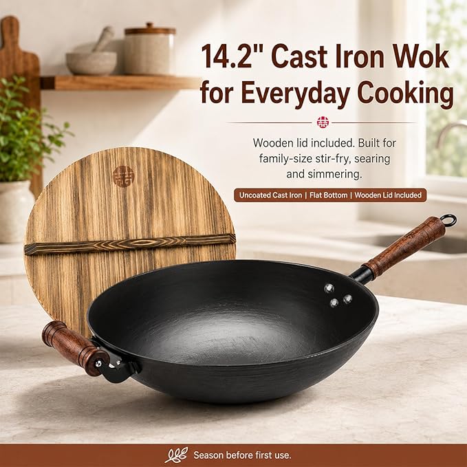 WANGYUANJI 14.2 Inch Cast Iron Wok with Wooden Lid & Handle, Flat Bottom Stir Fry Wok Pan, Turtle-Pattern Textured Uncoated Large Wok Skillet for Induction, Gas & Electric (Seasoning Required) | Uncoated cast iron wok with wood lid for induction, gas a...
