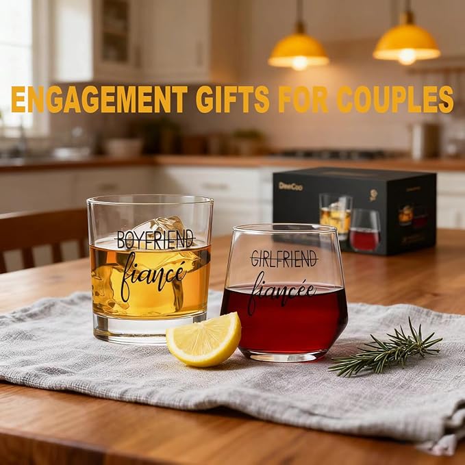 Engagement Gifts for Couples, Engagement Party Decorations - Unique Fiance Gift for Him or Her! Proposal Decorations, Whiskey Wine Glasses, Best Gift for Newly Engaged Couple, Women (Crystal Glass)
