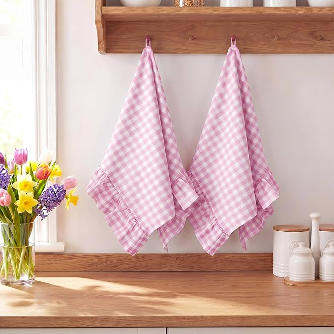 HunnmingRe 2 Pcs Hot Pink Gingham Kitchen Towels Cotton Ruffled | Checked Dish Towels 18"x28" Tea Cloths Plaid Cottage Core Kitchen Decor for Farmhouse Charm Drying Dishes Entertaining Guests
