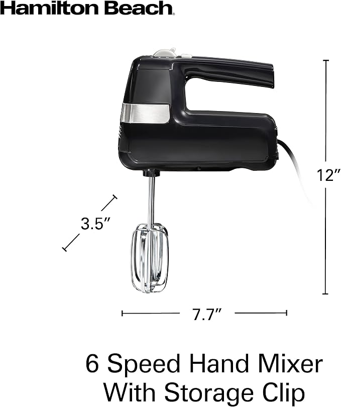 Hamilton Beach Electric Hand Mixer With 6 Speeds + Stir Button | 300 Watts of Peak Power for Powerful Mixing | Includes Whisk and Storage Clip | Black | 62628