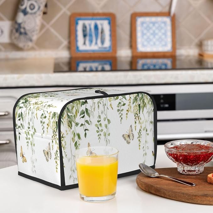 2 Slice Toaster Cover Butterfly Watercolor Botanical Leaf Dust Proof Washable Kitchen Appliance Cover with Pocket, Oxford Fabric Countertop Toaster Protector for Standard Toasters Small Appliances