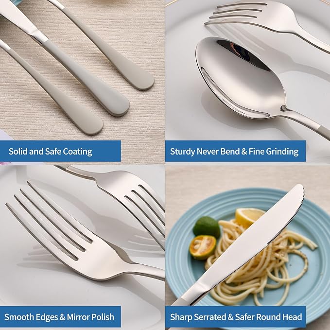 20-Piece Off White Silverware Set, 18/0 Stainless Steel Off White Handle Flatware Set, Service for 4, Modern Cutlery Set Includes Dinner Knives Forks Spoons,Mirror Polished,Dishwasher Safe