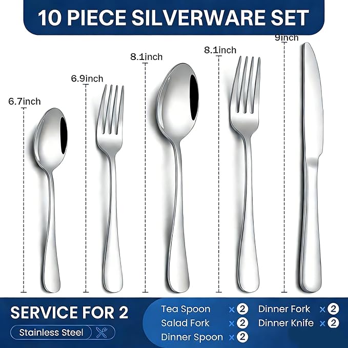 SIAKA 10-Piece Silverware Set, Stainless Steel Flatware Set Service for 2, Food Grade Cutlery Utensil Set for Home Restaurant, Include Knife Forks Spoons Set, Mirror Polished Dishwasher Safe