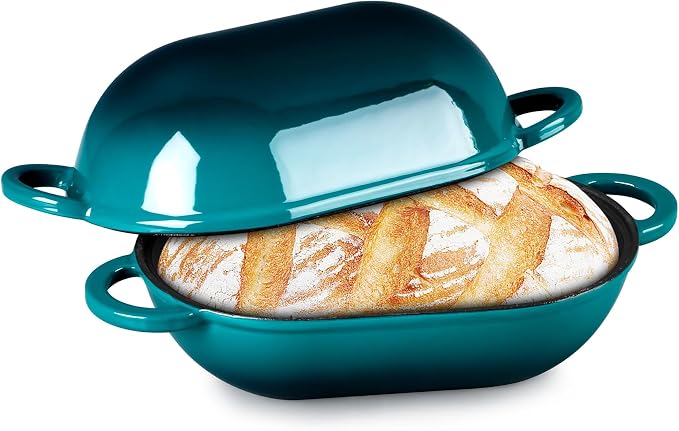 TeamFar Enameled Cast Iron Bread Loaf Pan, 2 QT Oval Dutch Oven with Lid | for Sourdough Bread Baking, Enameled Meatloaf Loaf Baking Pan with Lid, Even Heat Distribution & Self-Basting, Basil Green