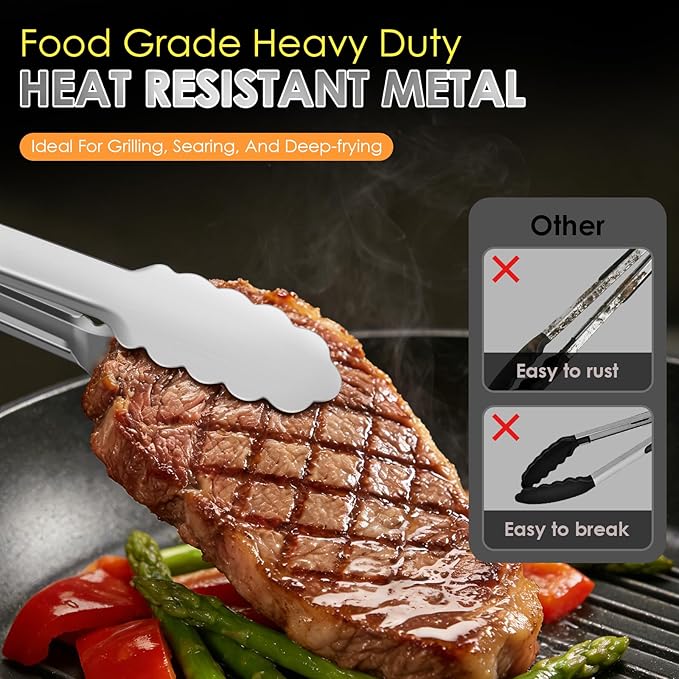Metal Tongs for Cooking, Heat Resistant 600 Degrees - 7", 9" and 12" | Set of 3 Stainless Steel Kitchen Tongs with Silicone Handle, Locking Tongs for BBQ, Grilling, Serving, Salad, Dishwasher