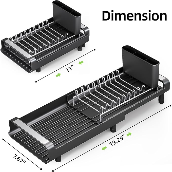 TOOLF Small Dish Drying Rack, Expandable and Space-Saving, Matte Black | Mini Dish racks for kitchen counter, Compact Design Fits Sink or Counter, Stainless Steel Plate Rack, 11"-19.3"L×7.7"W×3.54"H