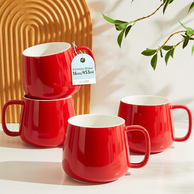 Teocera 16oz Ceramic Coffee Mugs Set of 4 – Stackable Latte Cups, Microwave, Dishwasher & Oven Safe – Ideal for Coffee, Cappuccino, Hot Chocolate, Housewarming Gifts, Red