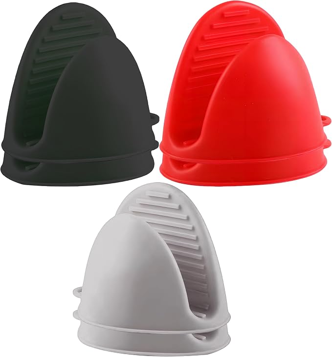 3 Pairs (Black, Gray, Red), Mini Silicone Oven Gloves, Mini Finger Protector Pot Holder for Kitchen,Cooking,Baking,BBQHeat Resistant Gloves，can be Washed in the Dishwasher