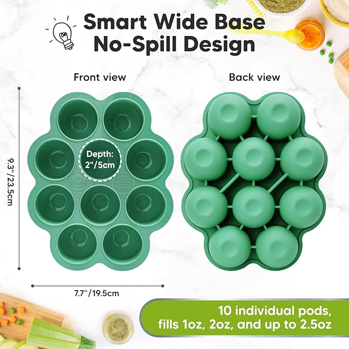 KeaBabies Silicone Food Freezer Trays with Lid, 2oz x 10 Pods(Alpine Green) | Baby Food Storage Containers, Easy Puree Meal Prep, Breast Milk Silicone Freezer Molds, Dishwasher, Microwave Safe, BPA-Free