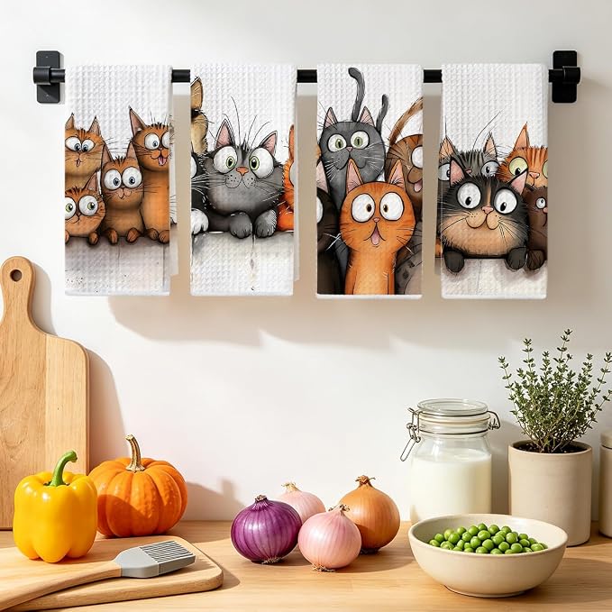Jztco 4 Pcs Cute Cat Kitchen Towels, Cats Absorbent Hand Tea Towel | Cats Dish Cloths for Drying Dishes, Waffle Dish Towels for Kitchen Home Bathroom Decor, Cat Lover Gifts for Women Mom