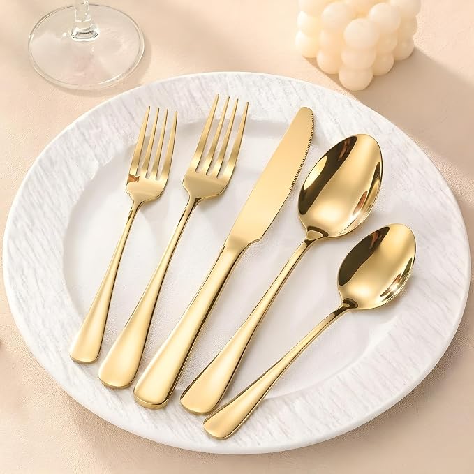SIAKA 40-Piece Gold Silverware Set, Stainless Steel Flatware Set Service for 8, Food Grade Cutlery Utensil Set for Home Restaurant, Include Knife Forks Spoons Set, Mirror Polished Dishwasher Safe