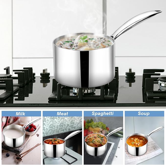 TeamFar 2qt Saucepan with Lid, Stainless Steel Tri-Ply Sauce Milk Pan | Small Cooking Pot with Ergonomic Handle, for Induction/ Gas/ Electric/ Ceramic, Healthy & Dishwasher Safe