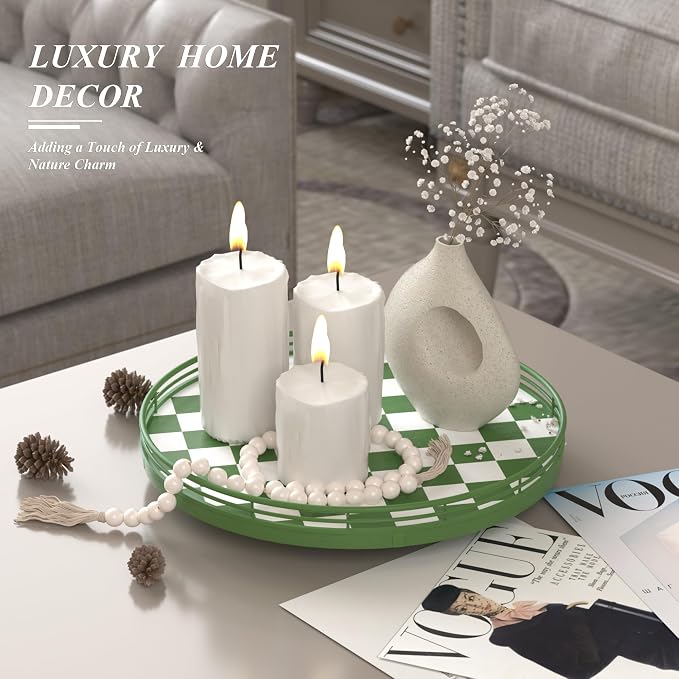AMH 12-Inch Green and White Checkerboard Lazy Susan with Rubberwood Base | Smooth rotating oak tray with walnut finish for dining tables, kitchen counters, pantries and cabinet storage.