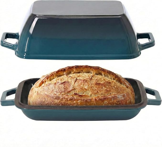 Flavehc Oval Cast Iron Dutch Oven for Bread Baking 12x8 Inch Enameled Bread Pan with Lid 6QT Cast Iron Bread Dutch Oven for Sourdough，DarkCyan