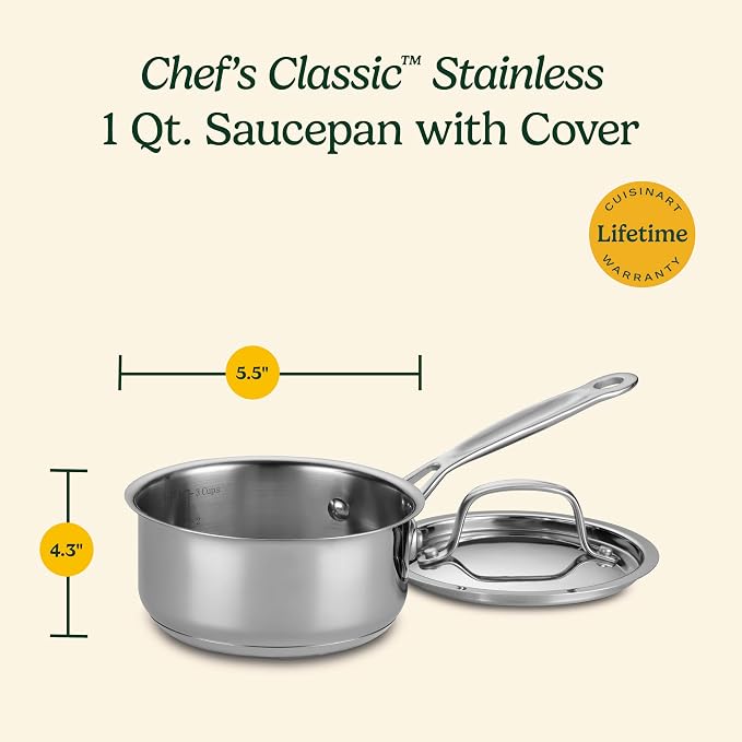 Cuisinart 1 Quart Saucepan w/Cover, Chef's Classic Stainless Steel Cookware Collection, 719-14
