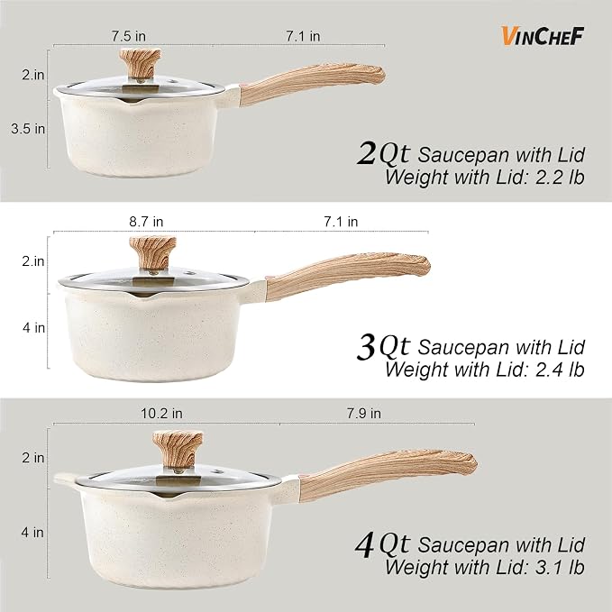 Vinchef 10PCS Sauce Pan Set with Lids, Nonstick, 2/3/4QT, White | Complete set with silicone utensils&protectors, PFAS/PFOA-free coating, dishwasher-safe, induction-ready, cool-grip handles