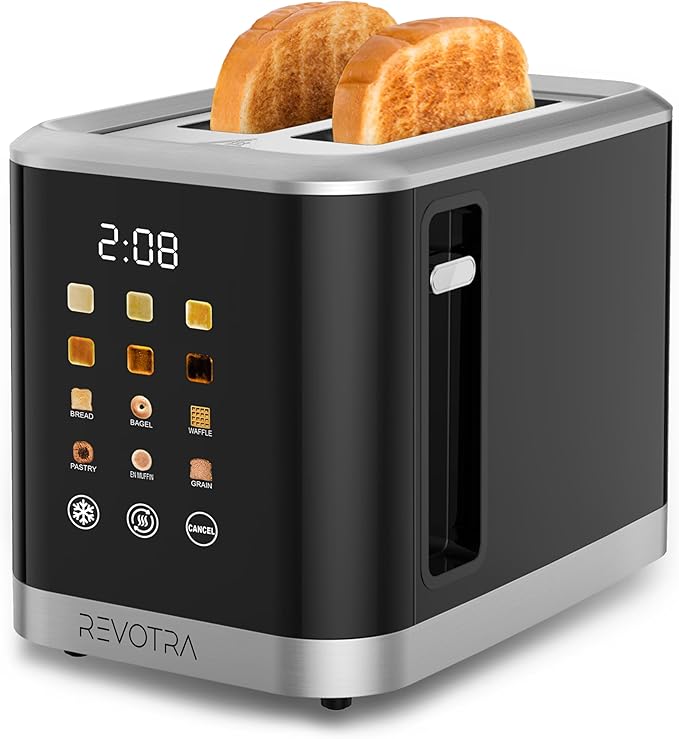 REVOTRA 2 Slice Toaster Stainless Steel with LED Display, Extra Wide Slots | 6 Shade Settings, Defrost/Reheat/Cancel, Removable Crumb Tray, Compact Toaster for Bagels & Waffles