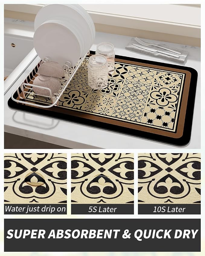 AMOAMI Coffee Mat Hide Stain Rubber Backed Absorbent Dish Drying Mat for Kitchen Counter - Fits Under Coffee Maker - KHAKI 16X24