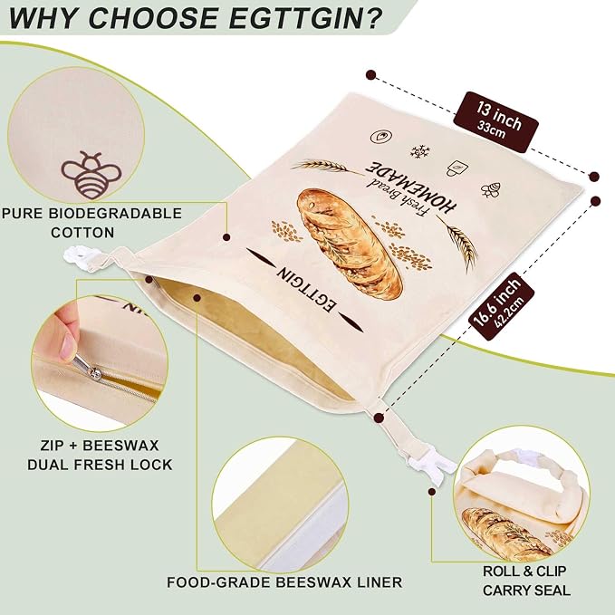 Zippered Beeswax Bread Bags, XL 17"x13" Reusable Organic Cotton Cloth Storage Bags for Homemade Sourdough Loaves, Fresh-Keeping, Freezer-Safe & Eco-Friendly (2 Pack)