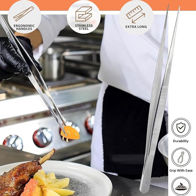 Professional Culinary Stainless Steel Precision Tongs with Serrated Tips, Plating/Food Presentation Detailing Serving Tongs, Chef's Kitchen Tweezer Tongs - Ultra Non-Slip Grip (12" STR Slim)