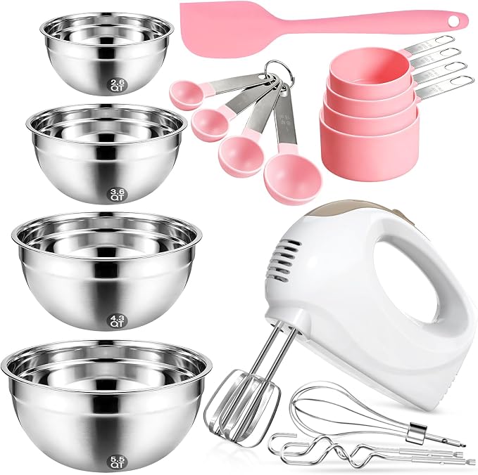 Showvigor Electric Hand Mixer with 5 Stainless Steel Whisks,5 Speed,White | Portable Kitchen Mixer Electric Whisk with 4 Stainless Steel Mixing Bowls, Measuring Cups, Spoons & Silicone Spatula