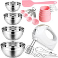 Showvigor Electric Hand Mixer with 5 Stainless Steel Whisks,5 Speed,White | Portable Kitchen Mixer Electric Whisk with 4 Stainless Steel Mixing Bowls, Measuring Cups, Spoons & Silicone Spatula