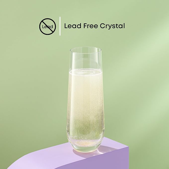 JoyJolt Milo Stemless Champagne Flutes Set of 8 Crystal Glasses. 9.5oz Prosecco Wine Flute, Mimosa Glasses, Cocktail Glass Set, Water Highball Glass, Bar Glassware
