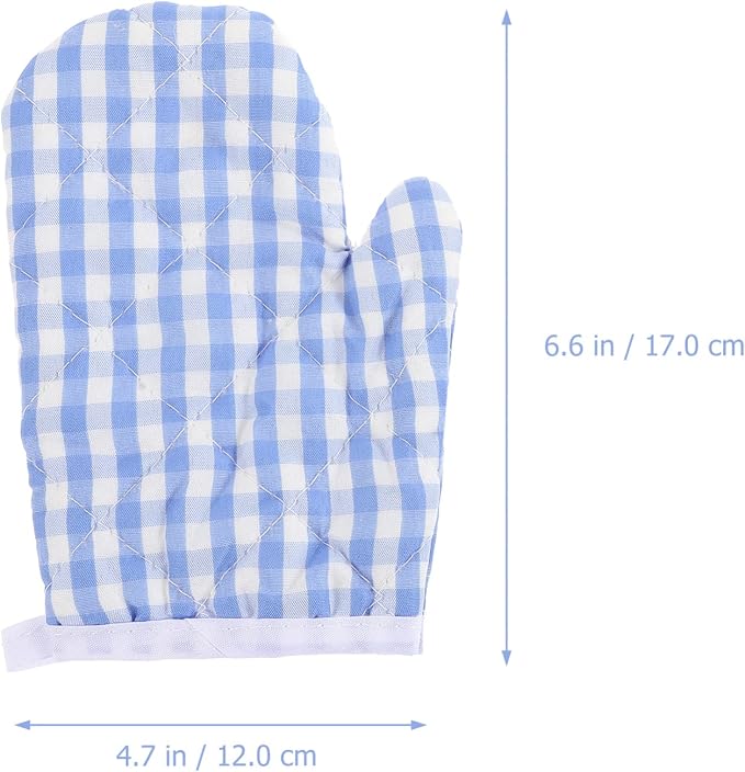 2Pcs Kids Oven Mitts for Children Play Kitchen, Anti- Scald Gloves Microwave Oven Gloves Kitchen Mitts for Kids Toddler Safe Baking Cooking (Light Blue Checkered)