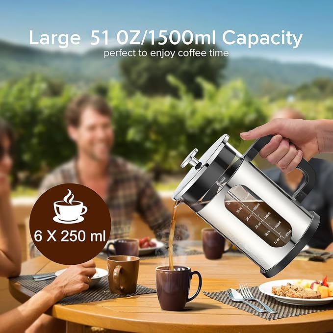 QUQIYSO French Press Coffee Maker 51oz, Stainless Steel Large French Press | Borosilicate Glass Coffee Maker,4 Filter,Coffee Press,Easy to Clean,Perfect for Party Kitchen Camping Travel Gifts(Silver)
