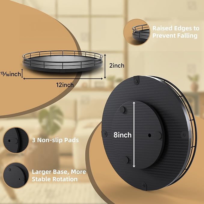 12" Lazy Susan Turntable Organizer for Table Top, Round Wooden Lazy Susan for Cabinet Kitchen Decor Centerpieces Coffee Table, Storage Condiments Spices, Bathroom Vanity Tray for Soap, Black
