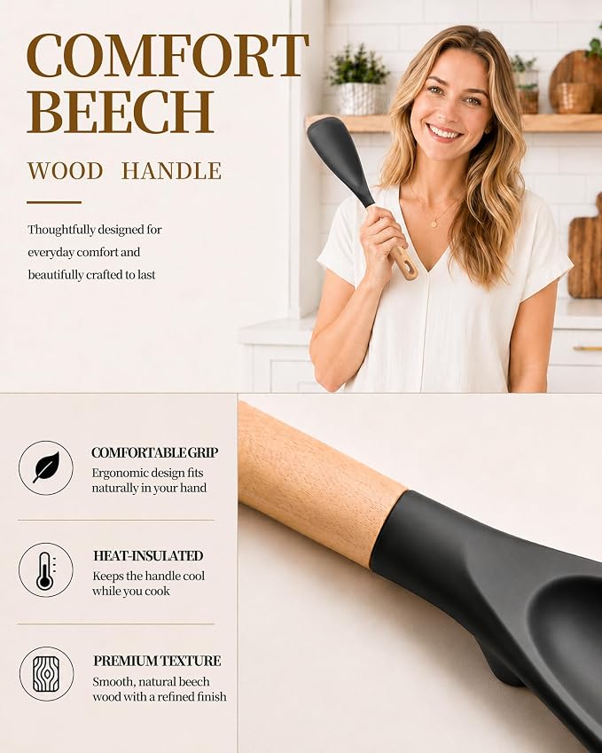 Astercook Cooking Spoon, Nonstick Safe Silicone Spatula with Long Wooden Handles, Heat Resistant, BPA-Free, Built-in Spoon Rest, 2 Pack Spatula Spoon for Stirring, Scooping, Scraping and Serving