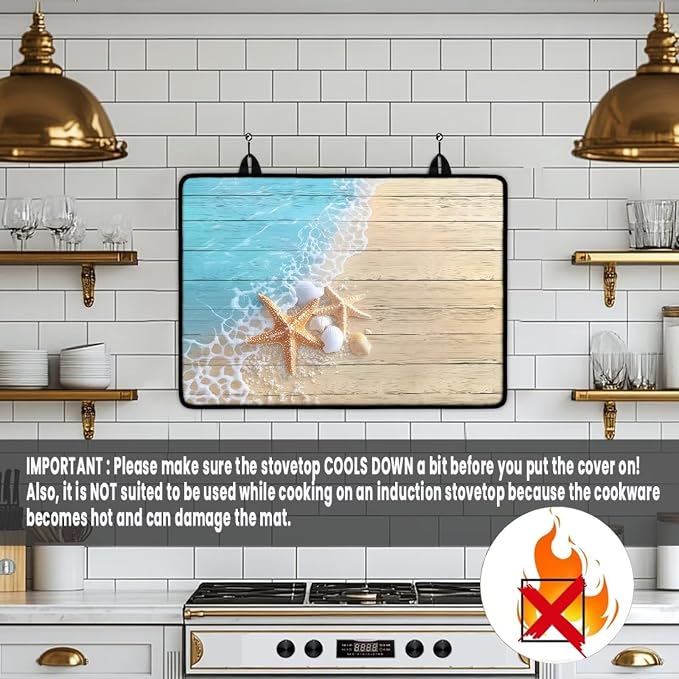 Beach Starfish Wood Electric Stove Insulation Pad Heat & Stain Resistant Dish Drying Mat for Kitchen 30x21 Inch Cooktop Stove Guard Protector with Anti-Slip Grip Extra Large Mat