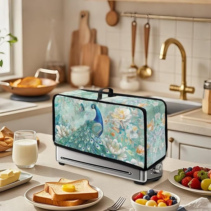 ZDCUSTOM Peacock Toaster Covers 2 Slice Wide Slot, Long Washable Turquoise Floral Toaster Cover Bread Maker Dust Fingerprint Protection Kitchen Appliance Protector