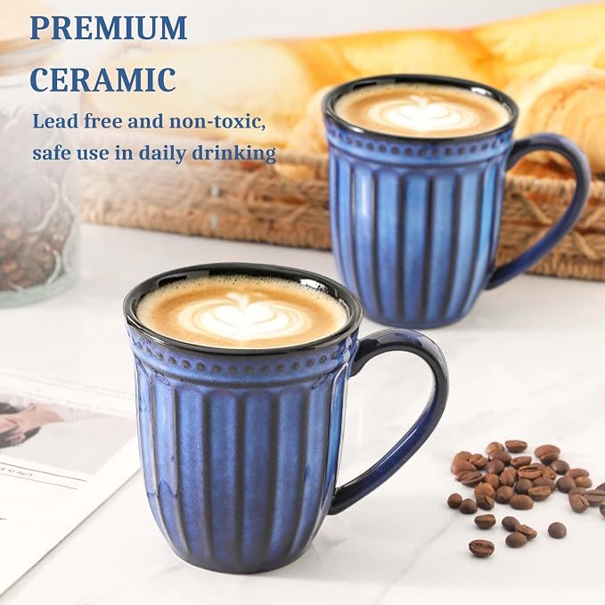 Coffee Mugs Set of 4, 16oz Navy Blue Ceramic Coffee Mug with Embossed Ribbed, Farmhouse Tea Cup Set for Latte, Cappuccino, Milk, Large Handle, Suitable for Office Home Restaurant Housewarming Gift