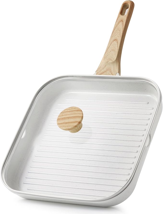 SENSARTE Nonstick Ceramic Grill Pan with Lid, Versatile Square Grilling Pan with Pour Spouts, Durable Grill Skillet for All Stoves(Gas,Electric,Induction) Non Toxic-PTFE,PFAS,PFOA Free, 9.5 Inch