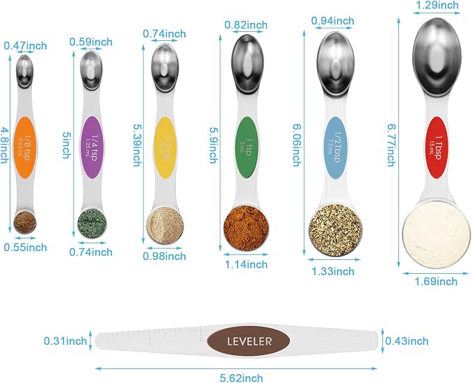 Aovchei 7 PCS MultiColor Magnetic Measuring Spoons Set | Dual Sided, Stainless Steel Small Tablespoon, Teaspoons, Fits in Spice Jars, for Dry and Liquid,