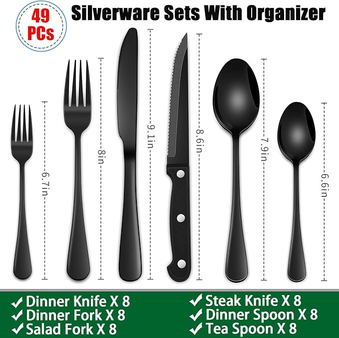 Black 49 Pieces Stainless Steel Flatware Sets With Organizer,Black Silverware Sets With Steak Knives Service For 8,Black Tableware Cutlery Sets For Home Kitchen