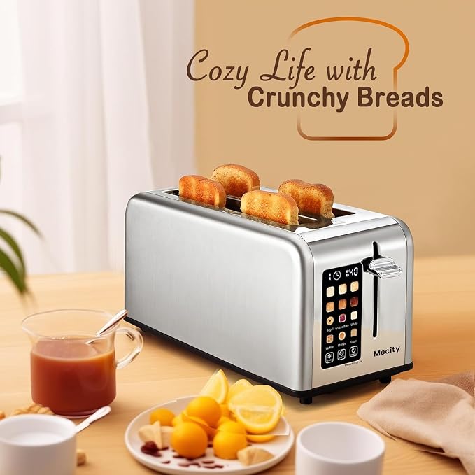 Mecity Touchscreen Toaster, 2 Long Slots for 4 Slices, Digital Bread & Browning Control, Stainless Steel Slim Toaster with Bagel, Gluten-Free, Defrost & Reheat, 120V, 1400W