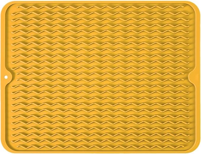 Silicone Dish Drying Mat, Non-Slip Easy Clean Sink Mat, Yellow, 16" x 12" | Quick-Dry Ridges, Large Heat-resistant Dish Drainer Mat for Kitchen Counter, Hangable & Roll-Up for Storage, Dishwasher Safe